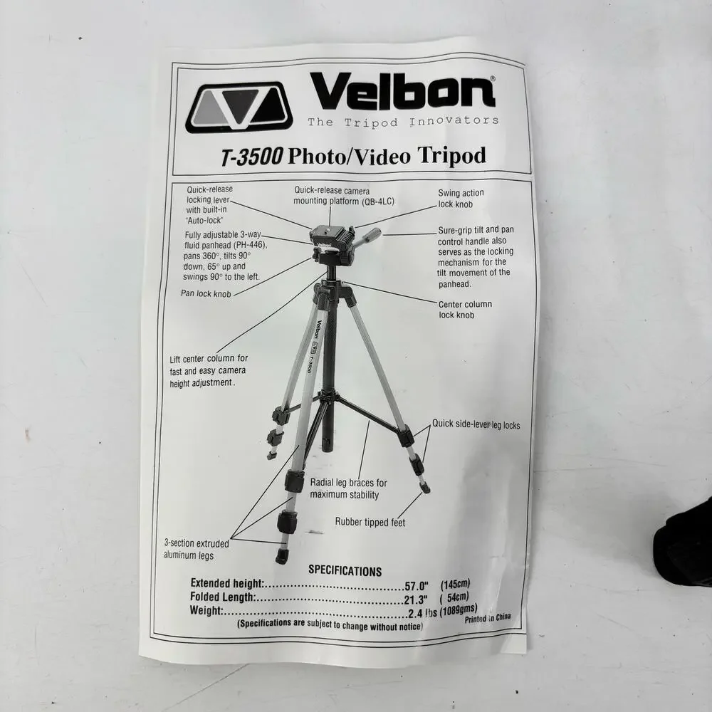 Velbon T-3500 Tripod Deluxe Lightweight Photo Video Camera Original Box